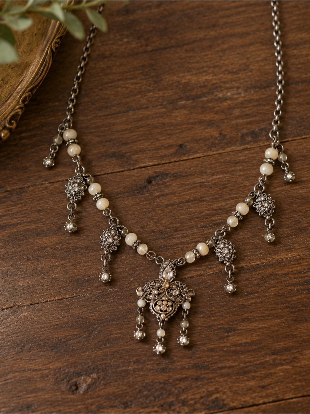 Dark Academia Regency Vintage 925 Sterling Silver‎ Filigree Dangle Bib Necklace - Picture 3 of 7